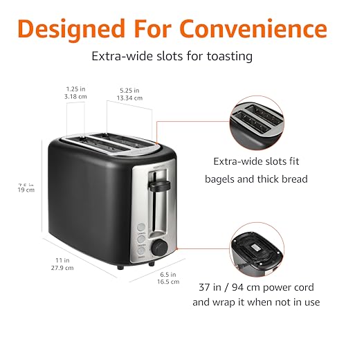 Amazon Basics 2 Slice Toaster, Extra Wide Slots for Bagels, 6 Browning Settings, Removable Crumb Tray, Defrost/Cancel/Bagel Buttons, Cord Wrap, 900W, Black & Silver