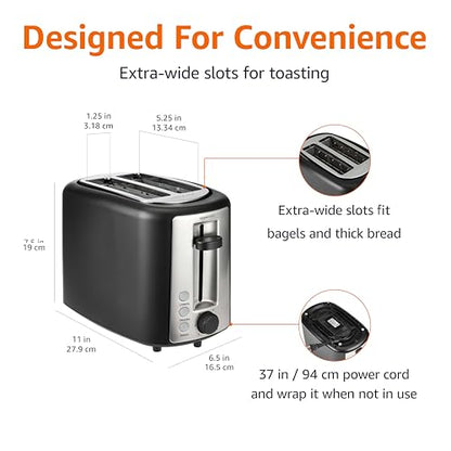 Amazon Basics 2 Slice Toaster, Extra Wide Slots for Bagels, 6 Browning Settings, Removable Crumb Tray, Defrost/Cancel/Bagel Buttons, Cord Wrap, 900W, Black & Silver