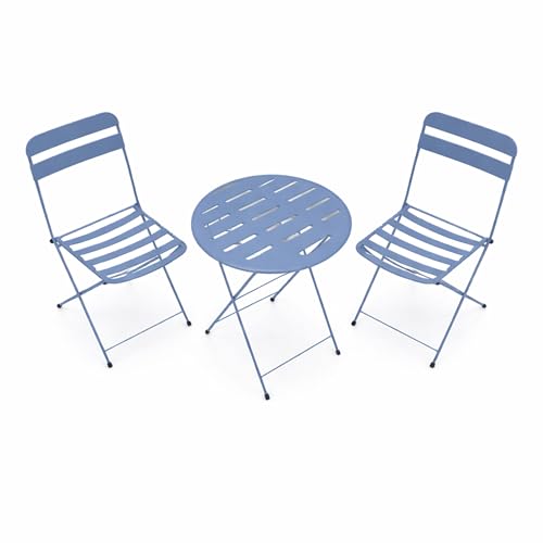 Alpine Corporation VTFAM168A-BL 3-Piece Blue Metal Folding Bistro Set – 20" Round Patio Table with 2 Folding Chairs – Portable Indoor/Outdoor Balcony & Garden Furniture Set