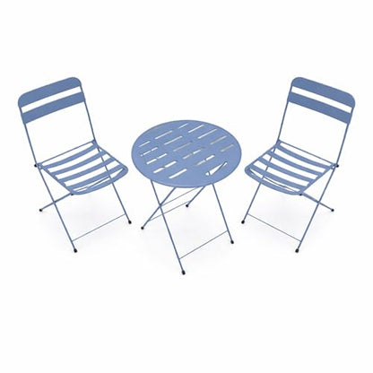 Alpine Corporation VTFAM168A-BL 3-Piece Blue Metal Folding Bistro Set – 20" Round Patio Table with 2 Folding Chairs – Portable Indoor/Outdoor Balcony & Garden Furniture Set