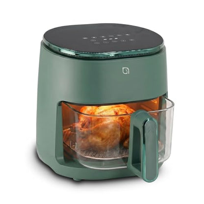 WILLOW Eco Series 6 in 1 Air Fryer with Glass Basket, 5 Quart Non Toxic Air Fryer w Digital Display, 430°F Max Temp, Preheat & Keep Warm Function, Compact + Dishwasher Safe Glass Airfryer - Green