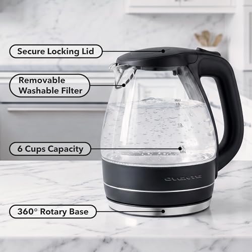 OVENTE 1.5L Glass Electric Kettle Water Boiler, Black KG83B