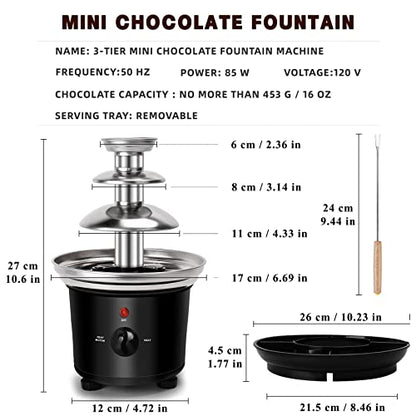 16oz Chocolate Fondue Fountain, 3-Tier MINI Chocolate Fountain with 6PCS Fondue Fork and Removal Fruits/Nuts/Treats Serving Tray for BBQ Sauce,Ranch,Nacho Cheese,Liqueurs