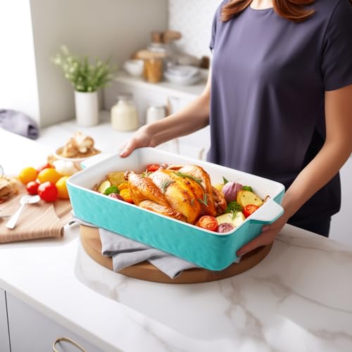 Krokori 4 QT Baking Dish, Casserole Dishes for Oven, 9x13 Baking Pan with Handles, Lasagna Pan Deep, Ceramic Casserole Dish Oven Safe for Baking, Lasagna, Kitchen, Wedding Gift (Aquamarine)