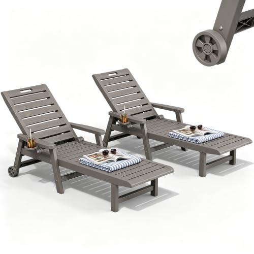 WTFGO HDPE Outdoor Lounge Chair Set of 2 with Wheels & Cup Holder, Grey