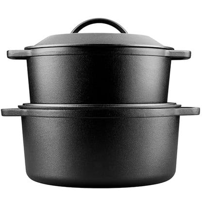 VORRINGARD Pre-Seasoned Cast Iron Dutch Oven with Lid, Round and Dual Handles, for Stovetop, Camping, Grill, Induction, Electric, Black, 3 qt