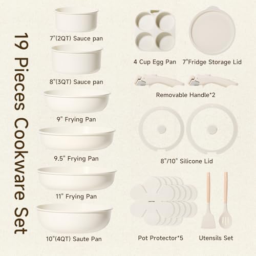 JEETEE Pots and Pans Set Non Stick 19pcs, Kitchen Cookware Sets with Detachable Handle, Induction Nonstick Cookware Set with Removable Handle, Stackable RV Cookware, Oven Safe, PFAS/PFOA Free, Beige