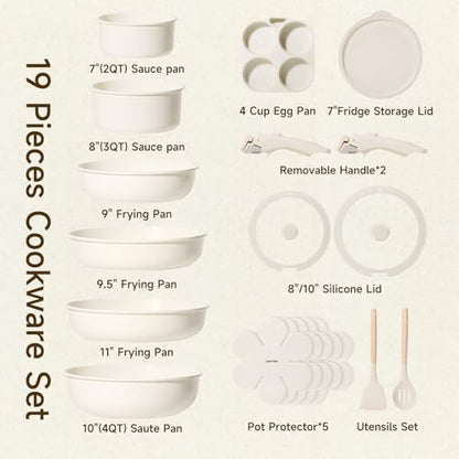 JEETEE Pots and Pans Set Non Stick 19pcs, Kitchen Cookware Sets with Detachable Handle, Induction Nonstick Cookware Set with Removable Handle, Stackable RV Cookware, Oven Safe, PFAS/PFOA Free, Beige