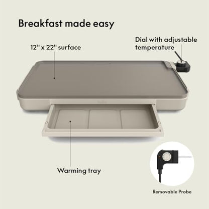 bella 12 x 22 Electric Griddle with Warming Tray, Ceramic Nontoxic, Oatmilk