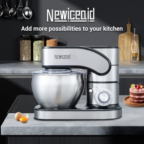Newiceaid Stainless Steel Stand Mixer, 6-Speed Tilt-Head Mixer with 700W Powerful Motor, 7.4QT Large Capacity Bowl, Electric Kitchen Mixer with Dough Hook, Beater, Whisk for Baking & Dough Making
