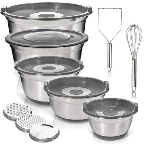 WHYSKO Stainless Steel Mixing Bowls with Lids Set - 5 Rustproof Metal Nesting Mixing Bowls for Kitchen, Meal Prep, Baking, Cooking, Storage - Includes 3 Grater Attachments, Dishwasher Safe