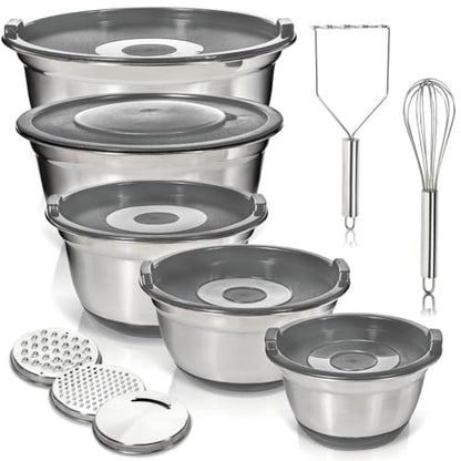 WHYSKO Stainless Steel Mixing Bowls with Lids Set - 5 Rustproof Metal Nesting Mixing Bowls for Kitchen, Meal Prep, Baking, Cooking, Storage - Includes 3 Grater Attachments, Dishwasher Safe
