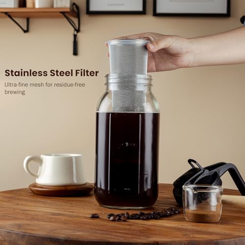Cold Brew Coffee Maker, 64 oz Glass Pitcher with Mesh Filter, 2 Quart Mason Jar with Lid