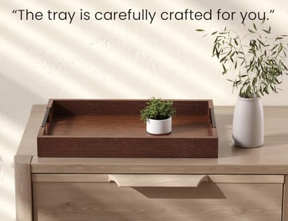Fibogollo Bamboo Serving Tray with Metal Handles,17x12in Ottoman Decorative Trays Platter for Coffee Table,Living Room,Bar,Party,Large(Brown)