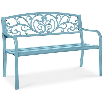 Best Choice Products Outdoor Bench Steel Garden Patio Porch Furniture for Lawn, Park, Deck w/Floral Design Backrest, Slatted Seat - Sky Blue