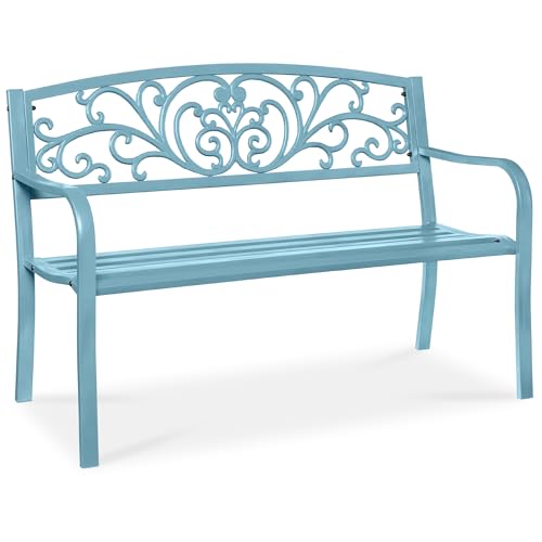 Best Choice Products Outdoor Bench Steel Garden Patio Porch Furniture for Lawn, Park, Deck w/Floral Design Backrest, Slatted Seat - Sky Blue