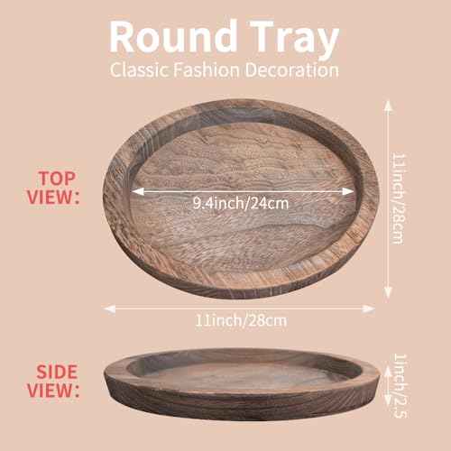 Mulaibdin 2 Pcs Decorative Serving Trays, Wooden Coffee Table Tray Set of 2, Candle Holder Home Decor Round Tray for Farmhouse Kitchen Counter Bathroom Living Room Decor (Brown)