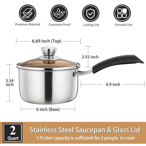 P&P CHEF 2 Quart Saucepan Small Pot, Stainless Steel Saucepan with Lid, Small Sauce Pan for Home Kitchen Restaurant Cooking, Visible Glass lid & Bakelite Heat-Proof Handles,Dishwasher Safe, 1 Pc