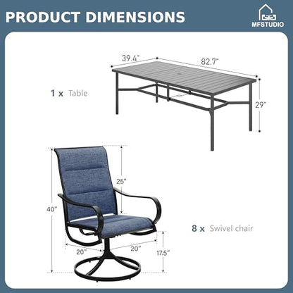 MFSTUDIO Patio Dining Set for 8, Outdoor Table and Chairs Set with Umbrella Hole, 9 Piece Patio Furniture Dining Set for Deck Yard Poolside