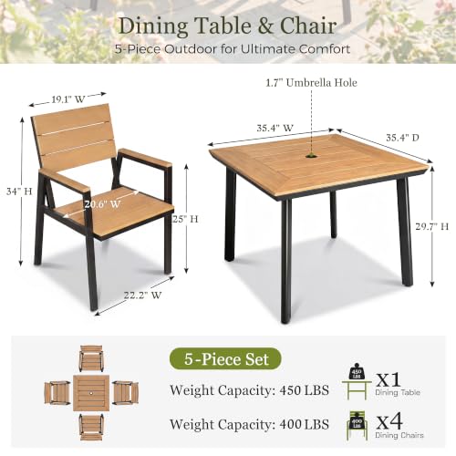 Greesum 5-Piece HDPE Outdoor Dining Set for 4, Faux Wood Table and Chairs