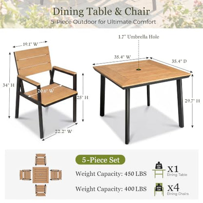 Greesum 5-Piece HDPE Outdoor Dining Set for 4, Faux Wood Table and Chairs