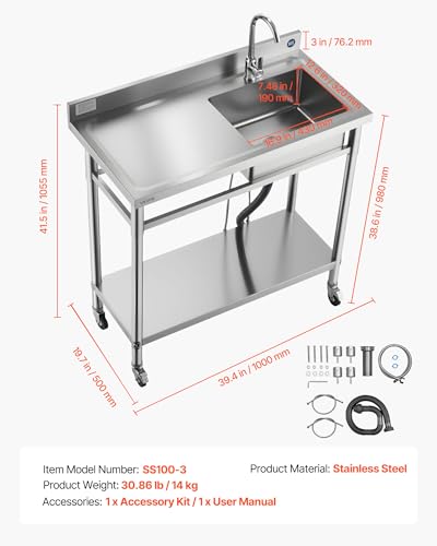 VEVOR Stainless Steel Utility Sink, Rolling Single Bowl Commercial Kitchen Sink with Wheels,Faucet and Hot & Cold Water Pipe,Utility Basin Workbench for Garage Restaurant Laundry 39.4 x 19.7 x 41.5 in