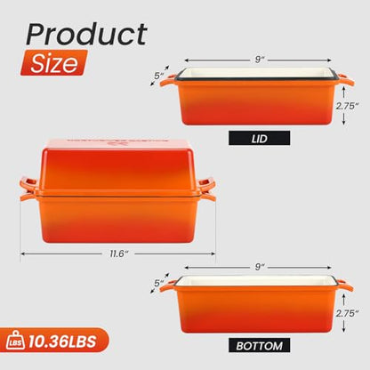 Northriver Casting Enameled Cast Iron Loaf Pan with Lid, Best Bread Oven, Bread Loaf Pans for Baking Homemade Sourdough Bread 9x5, 2 Piece set, Flame