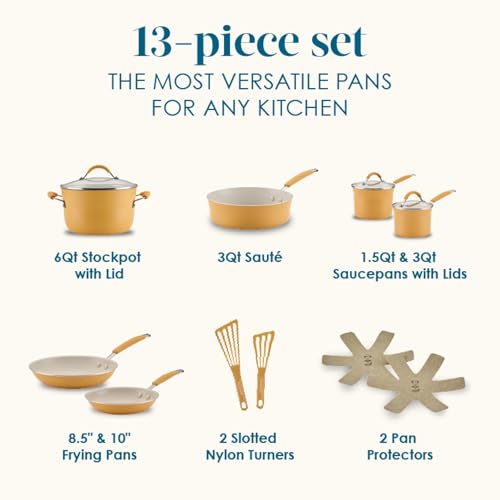 Rachael Ray Cucina Ceramic Cookware Set - 13 Pieces - Ceramic Pots and Pans Set w/Nonstick Frying Pans, Saute Pan, Saucepans, Stockpot, Lids, Pan Protectors & Cooking Utensils - Turmeric