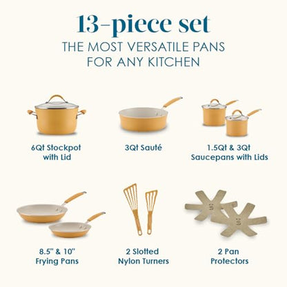 Rachael Ray Cucina Ceramic Cookware Set - 13 Pieces - Ceramic Pots and Pans Set w/Nonstick Frying Pans, Saute Pan, Saucepans, Stockpot, Lids, Pan Protectors & Cooking Utensils - Turmeric