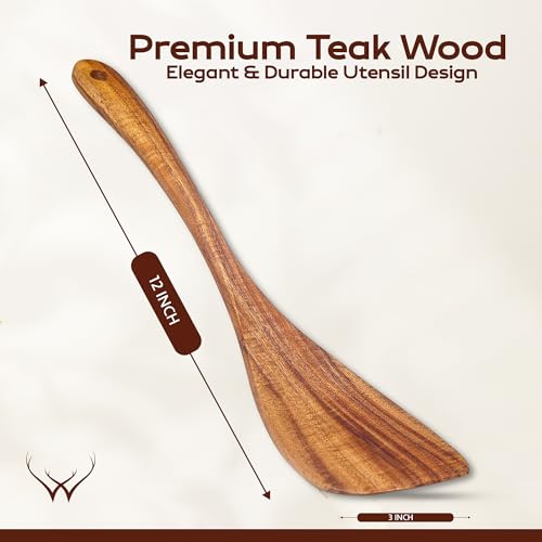 Wooden Spatula for Cooking, Teak Wood Spatula for non stick frying pan With Long Handle - Wooden Pancake Spurtle Non-Stick Cooking Utensils for kitchen use