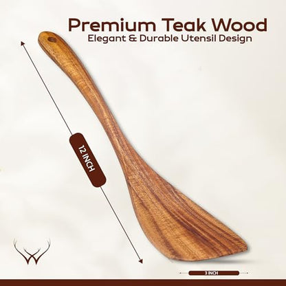 Wooden Spatula for Cooking, Teak Wood Spatula for non stick frying pan With Long Handle - Wooden Pancake Spurtle Non-Stick Cooking Utensils for kitchen use