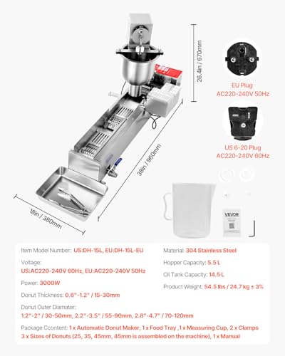 VEVOR Commercial Automatic Donuts Machine, Single Row Donuts Making Equipment, Stainless Steel Frying Auto Fryer, with 3 Size Molds, Auto Counting
