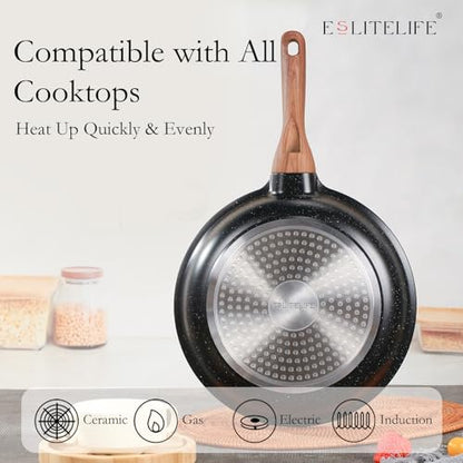 ESLITE LIFE Nonstick Ceramic Frying Pans Skillets Set with Lids, Non-Toxic Egg Omelette Kitchen Cooking Pans Compatible with All Stovetops (Gas, Electric & Induction), PTFE & PFOA Free (Black)