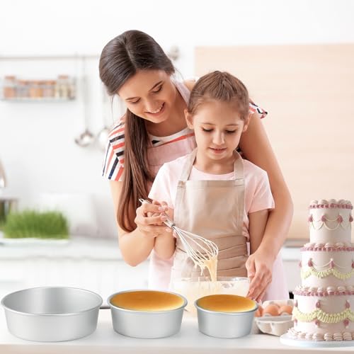 HomeMall Round Cake Pan with Removable Bottom, Set of 3 (6 x 3 inch/8 x 3 inch/10 x 3 inch), Aluminum Baking Pans for Layer Cakes, Evenly Heating Tools for Home Kitchen, Tapered Side