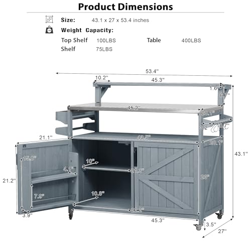 Karzibo 53.4" Farmhouse Outdoor Kitchen Island, Solid Wood Rolling Grill Cart with Stainless Steel Top, Raised Shelf, Internal Storage Rack, Adjustable Shelf & Spice Rack (Grey Blue)