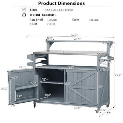 Karzibo 53.4" Farmhouse Outdoor Kitchen Island, Solid Wood Rolling Grill Cart with Stainless Steel Top, Raised Shelf, Internal Storage Rack, Adjustable Shelf & Spice Rack (Grey Blue)