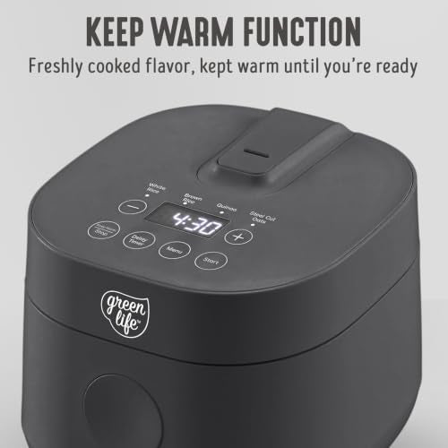 GreenLife Rice Cooker Digital 4-Cup (Cooked), Keep Warm, 4 Presets, Black