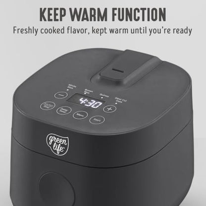 GreenLife Rice Cooker Digital 4-Cup (Cooked), Keep Warm, 4 Presets, Black