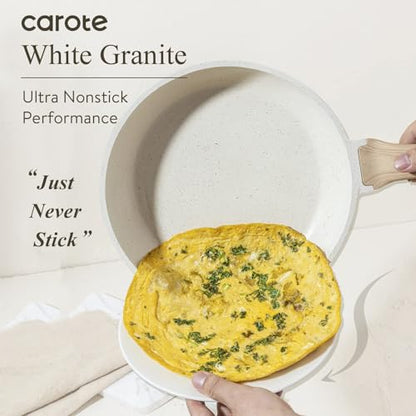 CAROTE Non Stick Frying Pan Skillet, Omelet Pan, Healthy Non Toxic Granite Chef Pan, Induction Compatible Egg Frying Pan with Heat-Resistant Handle, PFOA-Free, Cream White, 12"