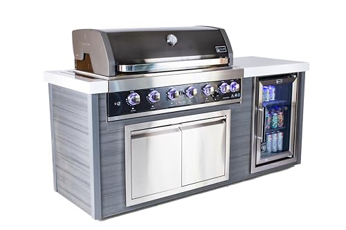 Mont Alpi Artwood Series - 78"W x 47"H x 27"D All Weather HDPE Outdoor Kitchen Island + Refrigerator & Double Access Doors + 44"W Black Stainless Steel 6-Burner Built-in BBQ Gas Grill + Rotisserie Kit