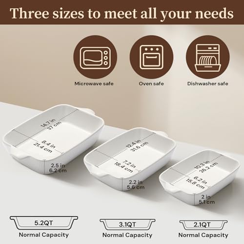 Fakafa Ceramic Casserole Dishes Set of 3, Stoneware Baking Pans for Oven, Rectangular Lasagna Dish & Bakeware Set, Pink (14.7’’/12.4’’/10.3’’)