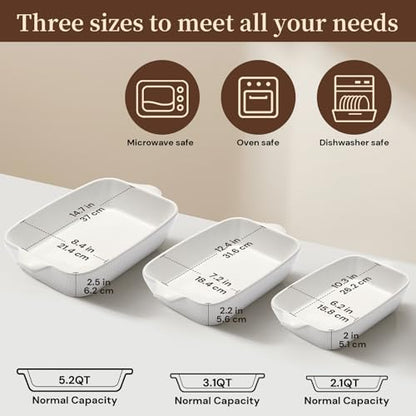 Fakafa Ceramic Casserole Dishes Set of 3, Stoneware Baking Pans for Oven, Rectangular Lasagna Dish & Bakeware Set, Pink (14.7’’/12.4’’/10.3’’)