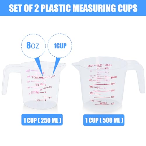 DTDNZKN 2 Pack Measuring Cup Set, Includes 250Ml (1-Cup), and 500Ml (2-Cup) Plastic Liquid Measuring Cups- Baking, Cooking, Mixing & Measuring Cups, Essential Kitchen Tools
