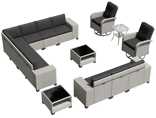 wallowsun 15-Piece Outdoor Patio Furniture Set, Modular Sectional Sofa Set with Swivel Rocker Chairs, Wicker Outdoor Couch Conversation Sets w/Coffee Table and Cushions, Black