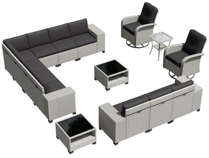 wallowsun 15-Piece Outdoor Patio Furniture Set, Modular Sectional Sofa Set with Swivel Rocker Chairs, Wicker Outdoor Couch Conversation Sets w/Coffee Table and Cushions, Black