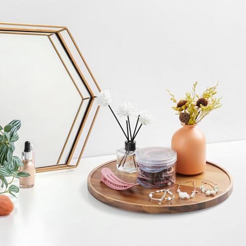 12 Inch Acacia Wood Round Tray, Wooden Decorative Serving Coffee Table Tray Centerpiece Candle Holder for Farmhouse Kitchen Dining Room Home Decor Coffee Table Decor and Accessories