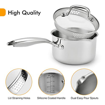 Stainless Steel Saucepan with Glass Lid, 2.0 Quart Multipurpose Sauce Pan, Sauce Pot with for Easy Pour with Ergonomic Handle