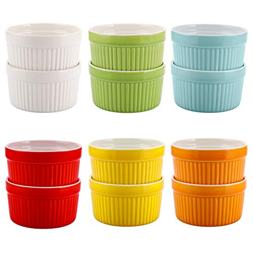 Foraineam 12 Pack 6 oz Ramekins Bakeware 6 Colors Porcelain Souffle Dishes Dessert Custard Baking Cups for Souffle, Creme Brulee and Ice Cream