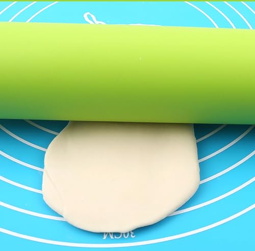 Silicone Rolling Pin, Green 9 Inch Pin with Wooden Rotatable Handle for Dough of Baking Bread, Cookie, Pizza (green, 9 inch)