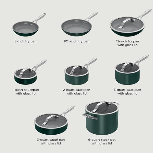Ninja Ceramic Pro 14-Piece Cookware Set, Non-Stick Pots & Pans Set with Glass Lids, Nontoxic, PTFE Free, Ceramic Coated, Oven Safe, All Stovetops & Induction Compatible, British Racing Green CW39011GN